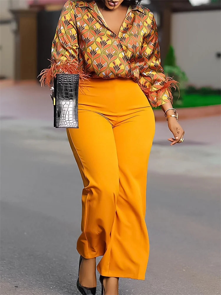 Wmstar Pant Sets Women Floral Print Feathers Long Sleeve 2 Piece Sets Woman Outfit New in Spring Clothes Wholesale Dropshpping