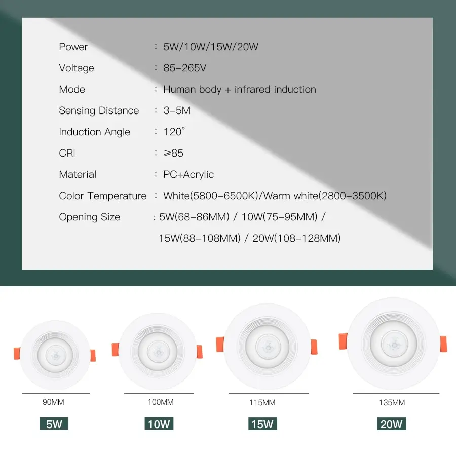 LED 다운라이트 PIR 모션 센서 다운 라이트 5W 10W 15W 20W 매입형 천장 조명 차가운 흰색 야간 램프 LED 스포트라이트 통