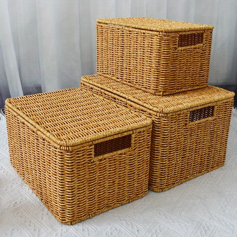 Imitation Rattan Woven Storage Basket, Durable Clothing, Toy, and Snack Organizer -suitable for Bathrooms Bedrooms, and Kitchens