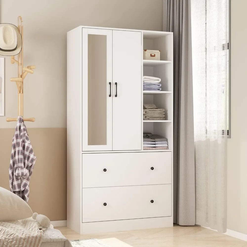 Wooden closet armoire with mirror, 2 doors, 2 drawers, 4 open storage cubes,and hanging rod for bedroom.35.5"L x 15.8"W x 70.8"H 3