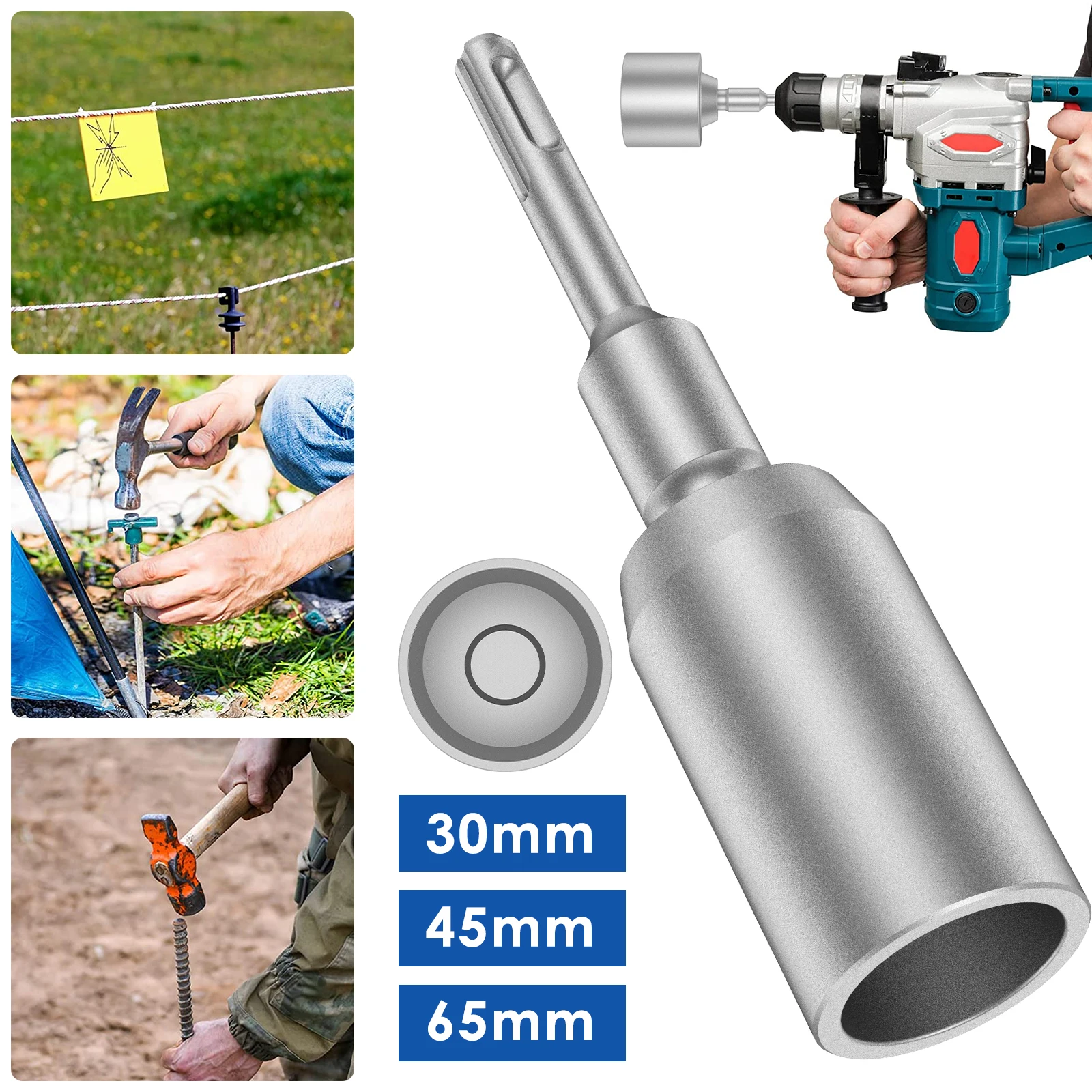 

Ground Rod Driver 30/45/65mm Heavy Duty SDS-Plus T Post Ground Rod Driver Tool Forged Steel Drill Bit Driver Durable Hammer