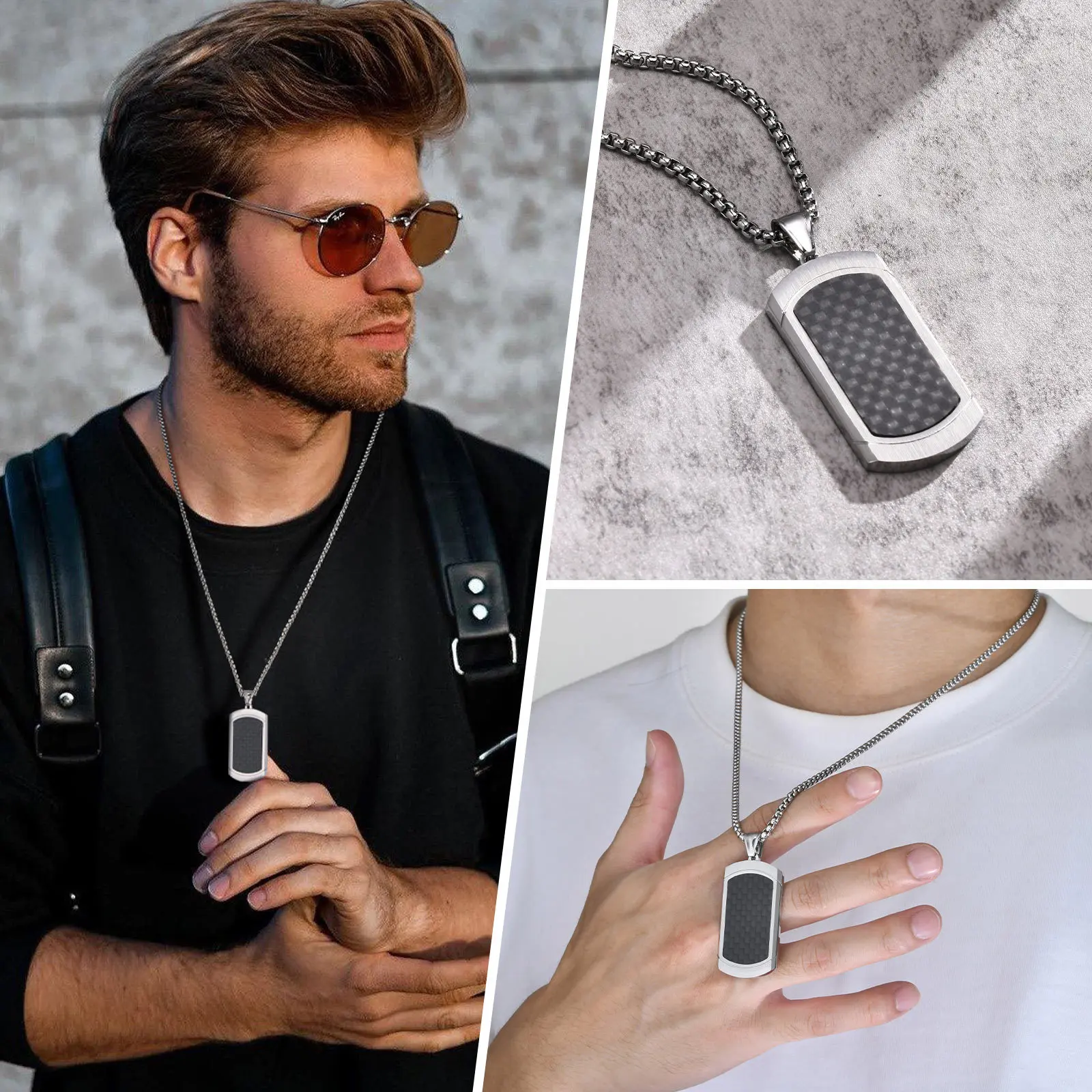 Aço inoxidável impermeável Dog Tag colares, fibra de carbono embutimento  pingente, colar preto jóias, presentes elegantes para homens, meninos -  AliExpress, image size:1600x1600