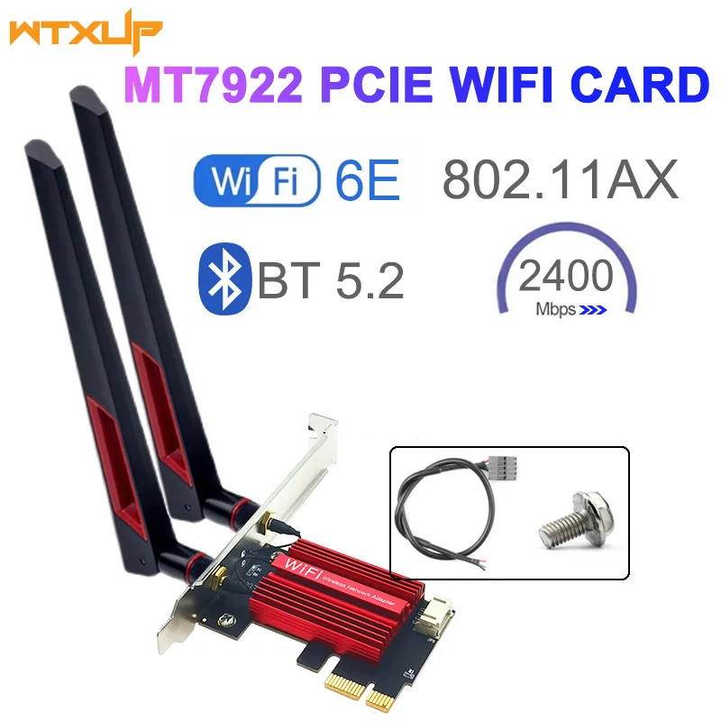 

Wi-Fi 6E MT7922 2400 Мбит/с, три диапазона 2,4G/5G/6 ГГц, беспроводной PCIE-адаптер, совместимый с Bluetooth 5,2, сетевая Wi-Fi-карта для ПК Win 10/11