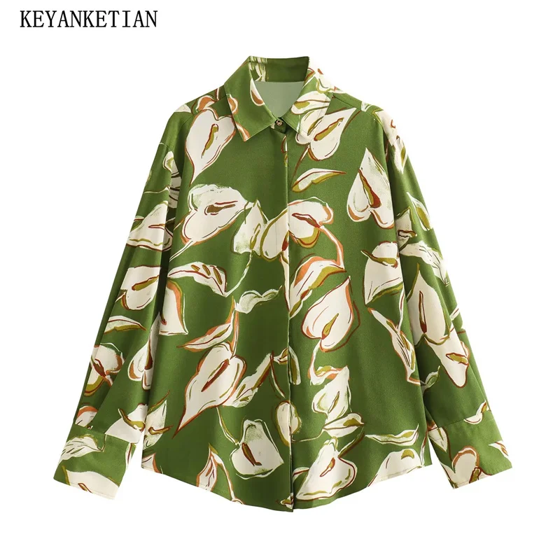 

KEYANKETIAN Autumn New Women's Fresh Floral Print Shirt Holiday wind Turn Down Collar Long Sleeve Single Breasted Loose Blouse