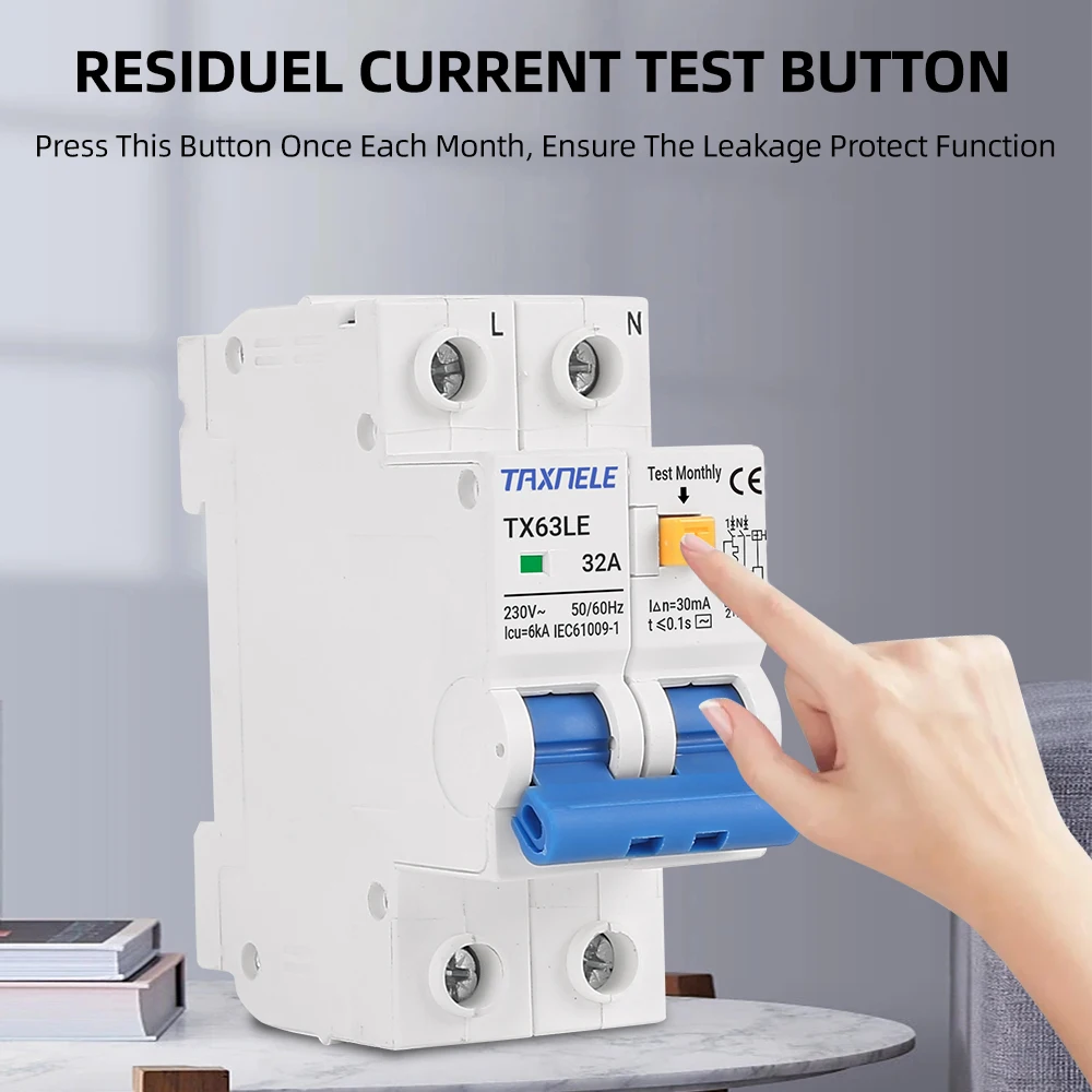 230V 2P Residual Current Circuit Breaker MCB 30mA Overload Short Current Leakage Protection Protect RCBO RCCB RCD 16A 32A 63A