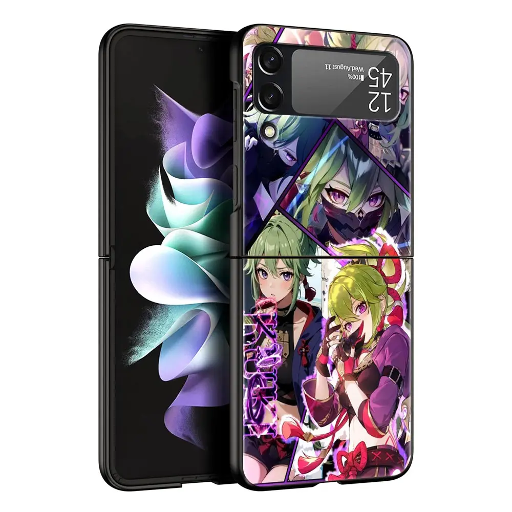 Stylish Black Folding Phone Case with Genshin Impact Ayato Wanderer Design