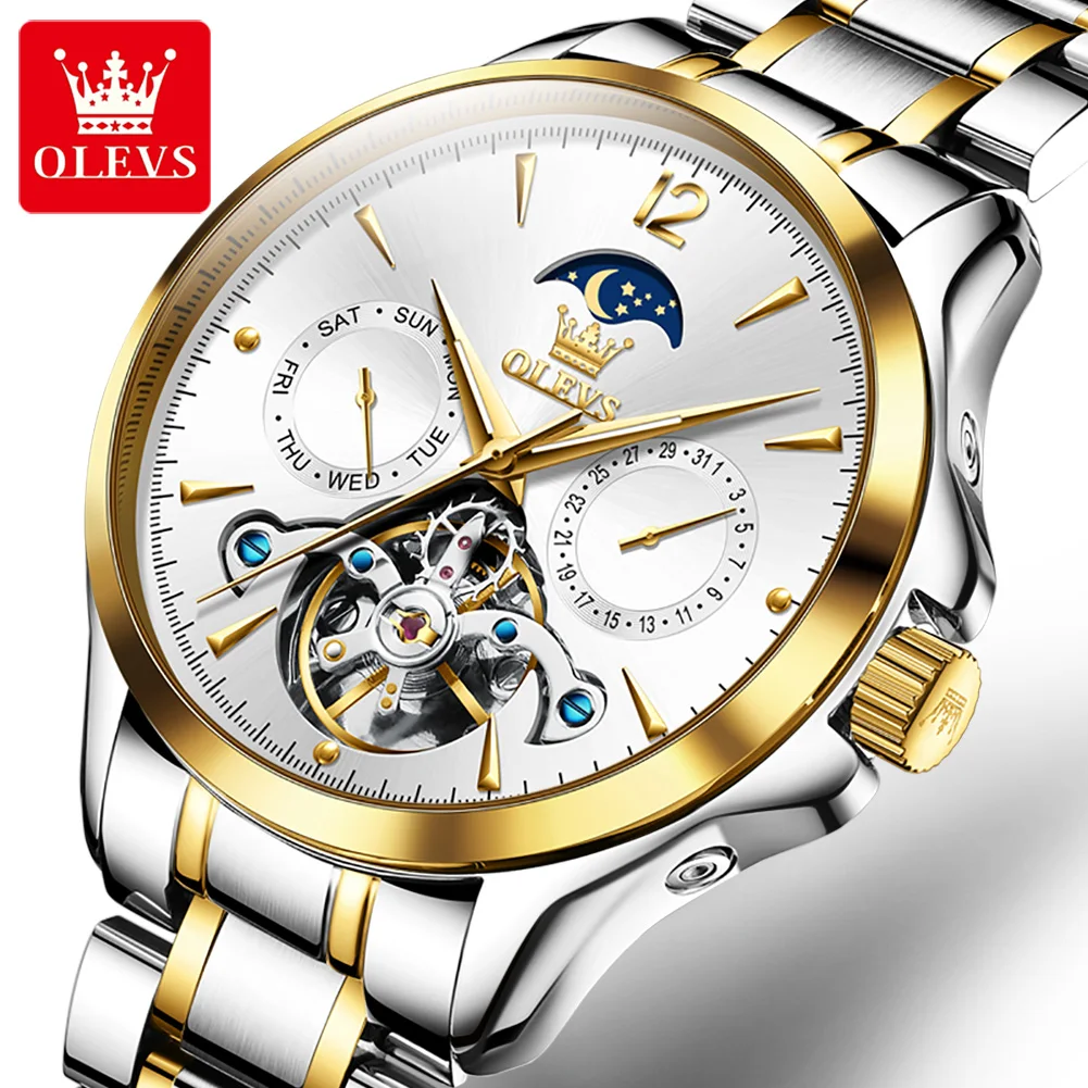 Olevs Moon Phase Watch For Men Orologi Da Polso Meccanici Automatici Luxury Skeleton Tourbillon Orologi Impermeabili Moonswatch Maschile