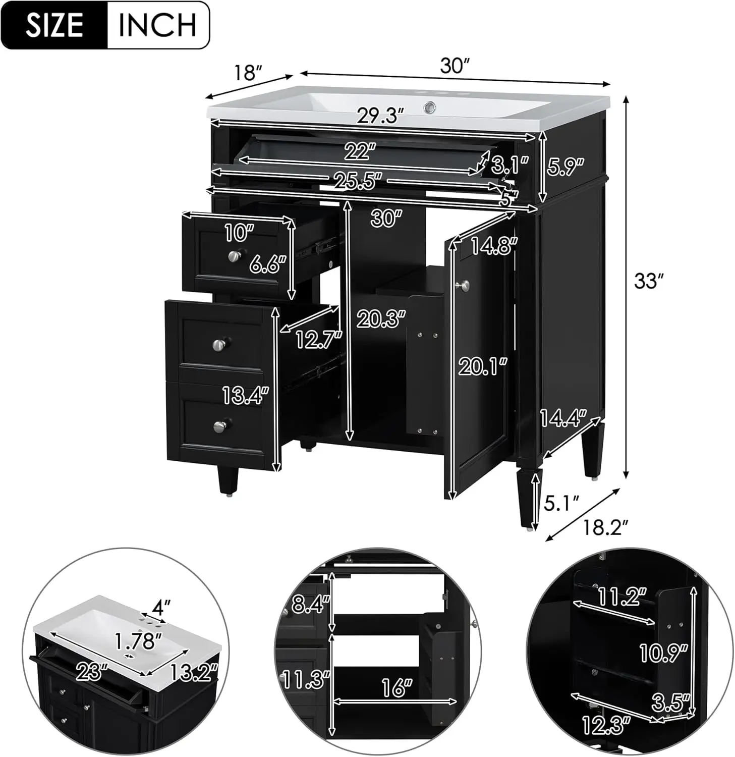 30" Bathroom Vanity with Single Sink Combo, Modern Undermount Bathroom Sink Cabinet with 2 Drawers and a Tip-Out Drawer 2