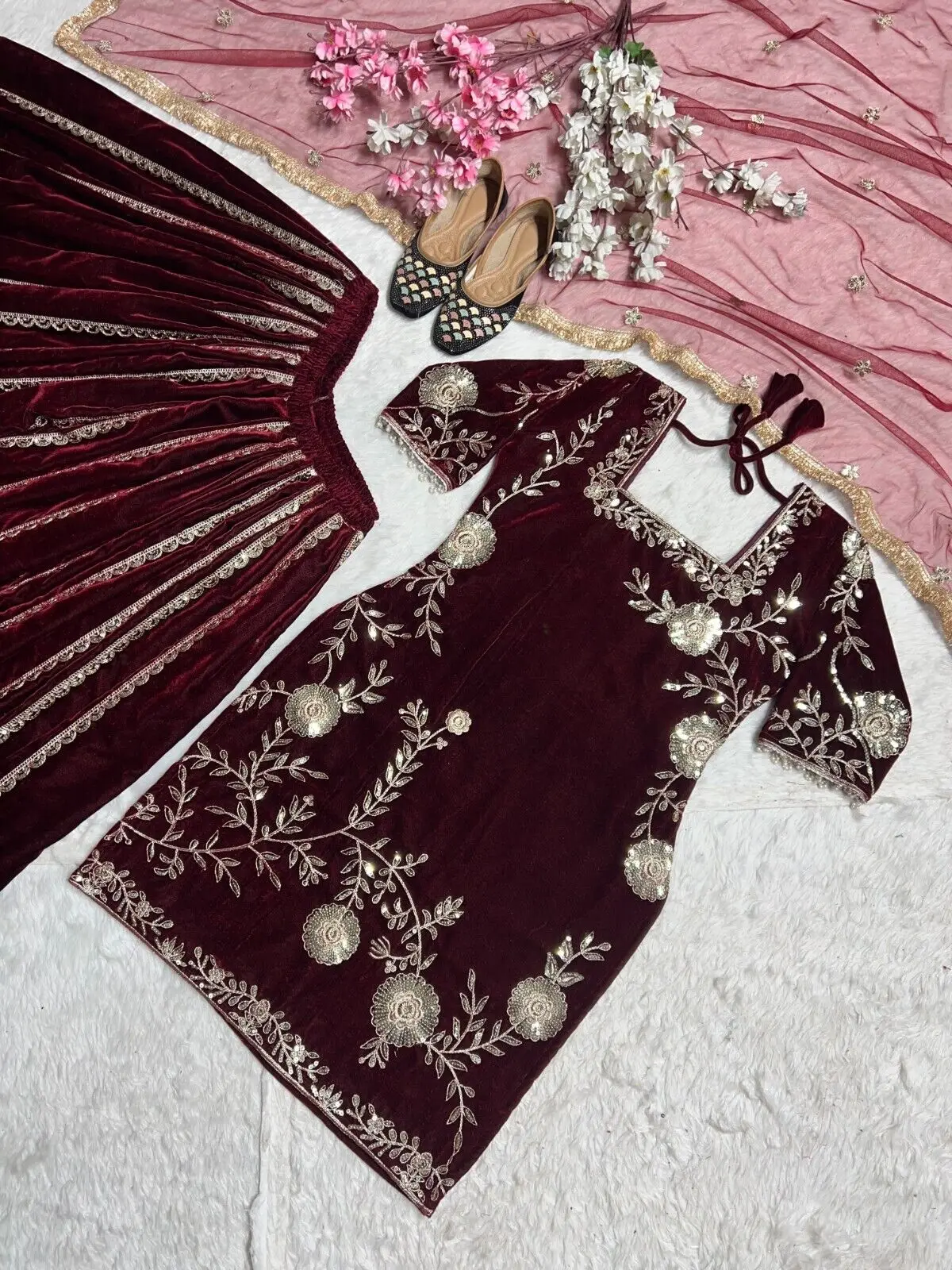 Velvet Salwar Kameez ReadyMade Pakistani Embroidery Dress Butterfly Net Dupatta
