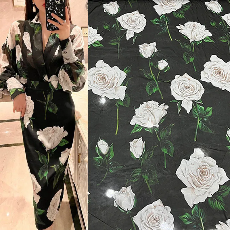 

Fashion White Rose Flower Printed Natural Silk Georgette Fabric For Women Dress Blouse Stoffa Tuch Ткань Tela Tessuto DIY Cloth