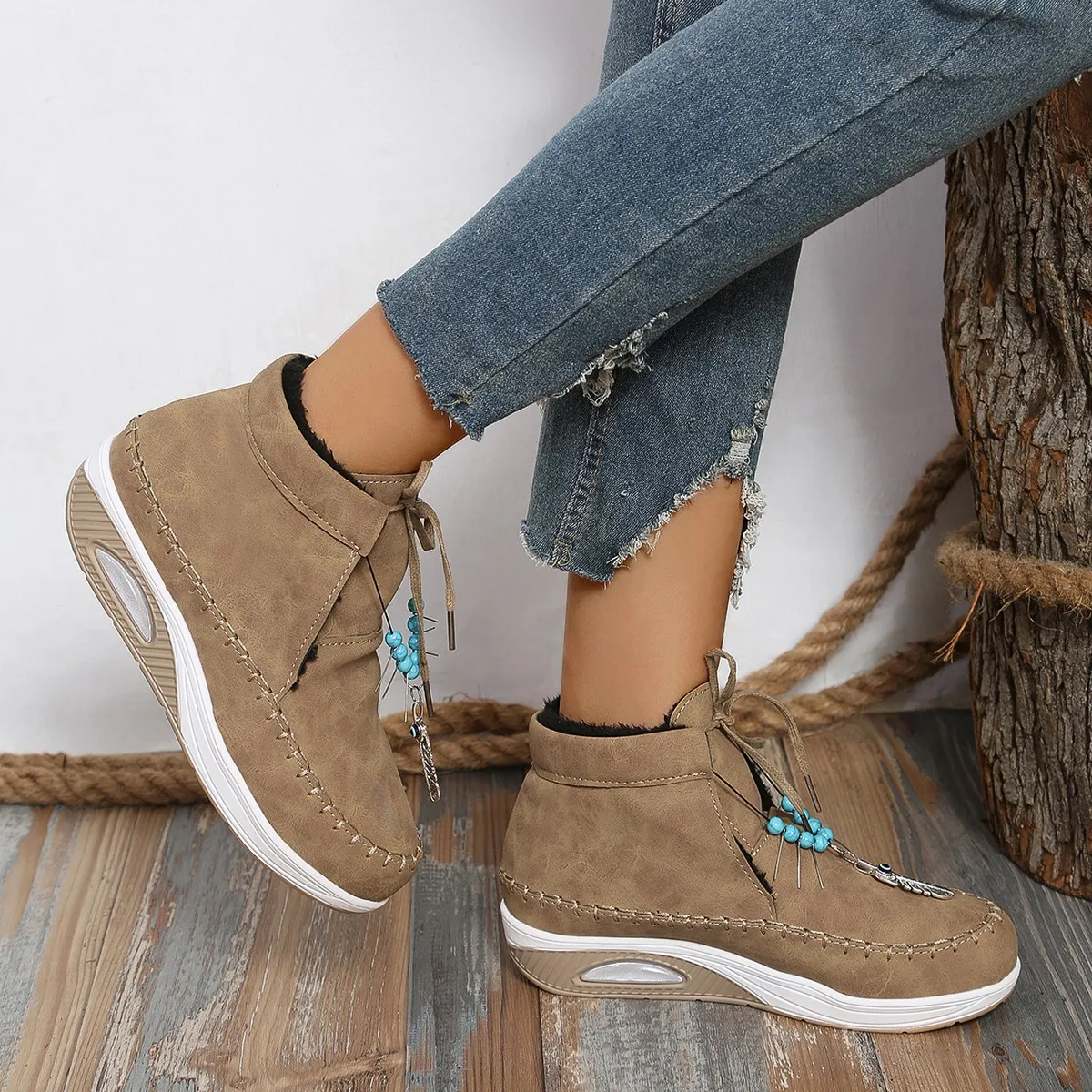 Aphixta Plush Lining Warm Winter Shoes Woman Lace Up Height Increasing Chunky Sole Ankle Boots Ethnic Big Size 43