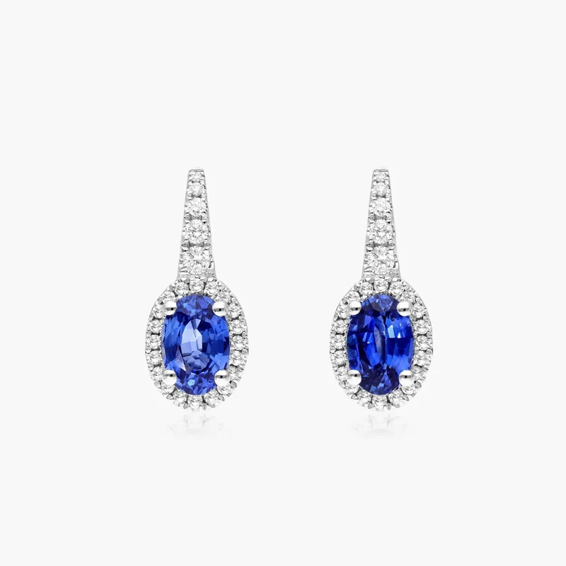 Ovale Labor-Saphir-Ohrringe aus 9K/14K/18K Weißgold, luxuriöse Ohrringe mit runden Labor-Diamanten im Halo-Stil, Ohrstecker für die Frau – Detail 2