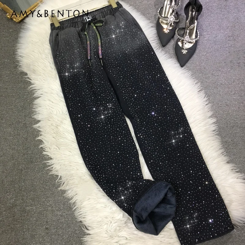 Heavy Embroidery Diamond Drills Wide-Leg Pants Women's Fleece-Lined Thickened Elastic Waist Oversized Jeans High Waist Trousers