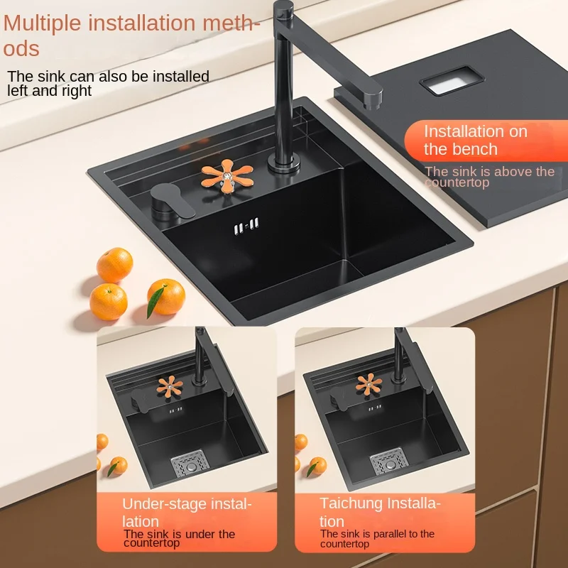 Small Black Kitchen Sink Above Counter or Undermount 304 Stainless Steel Single Bowl Washing Basin Drain Accessories for Kitchen