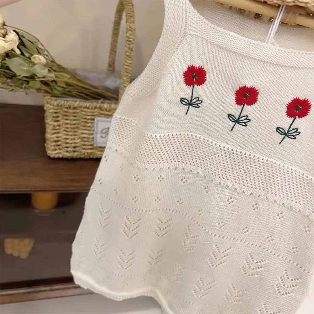 Summer New 2-7Years Girls Round Neck Knitted Flower Embroidered Hollow Out Tank Top Dress Children's Fashion Casual Clothes
