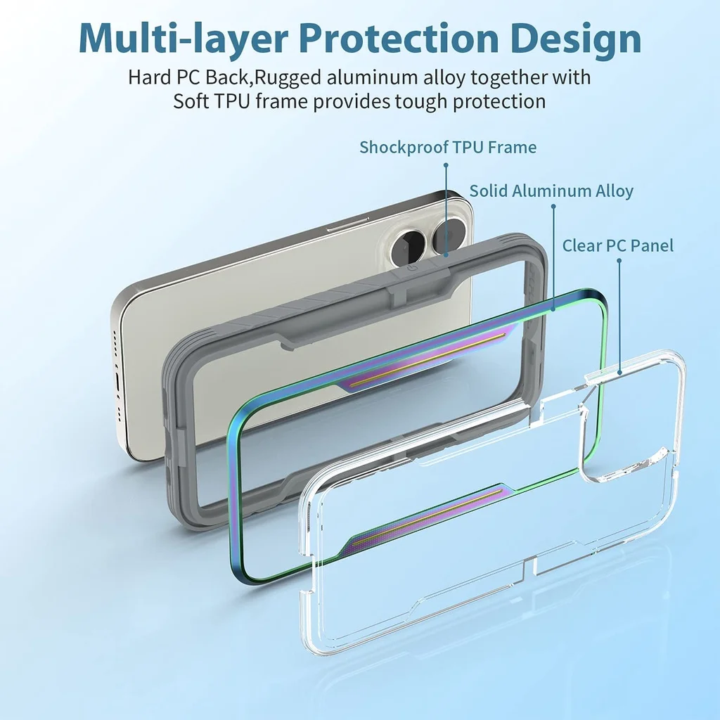 Designed For iPhone 14 Pro Max 13Pro Max Military Grade Metal Frame + Flexible TPU + PC Edge Shockproof 14 Plus Back Clear Cover