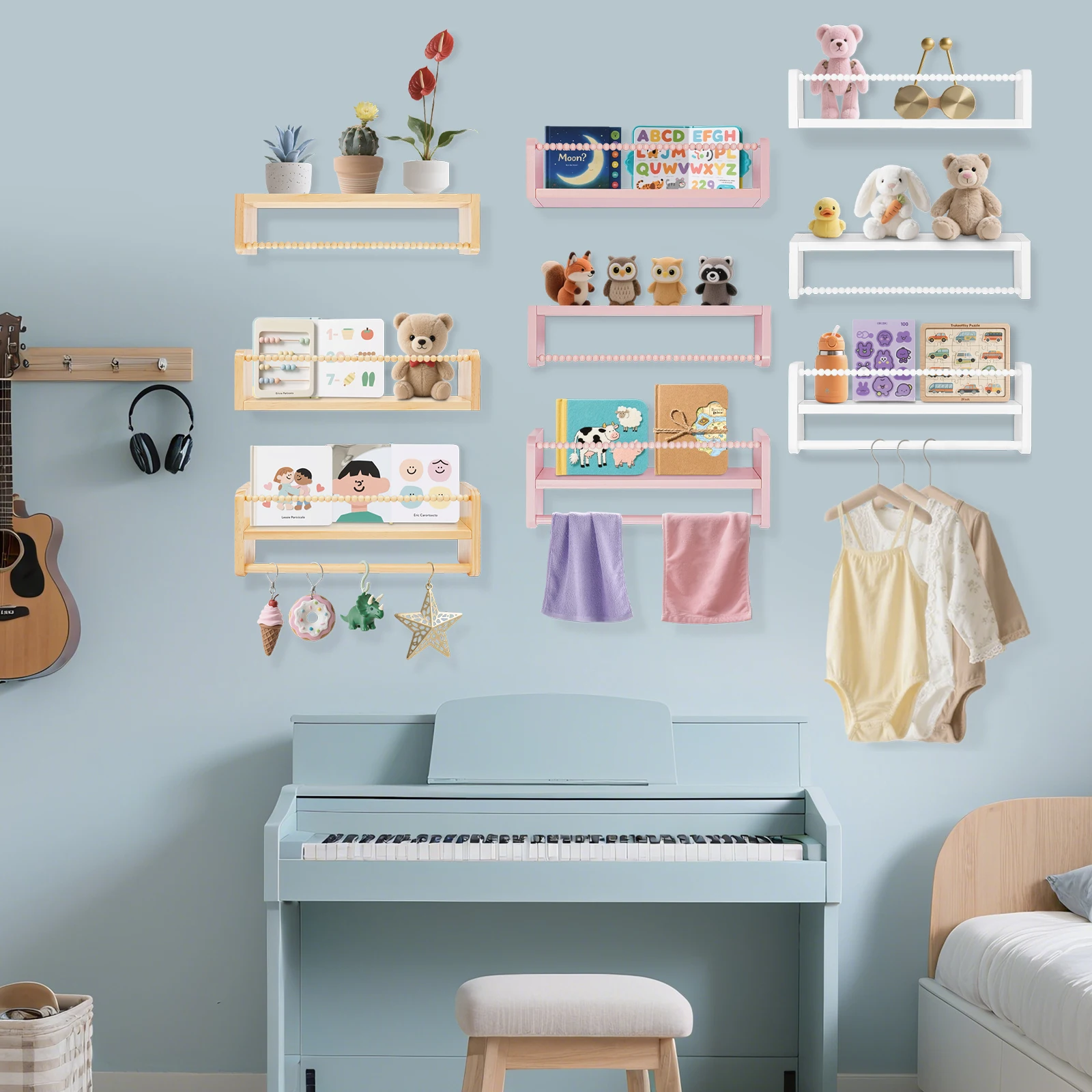 3-faches Bücherregal aus Holz, Kinderregale mit Holzperlen, Wandregal im Design – Detail 16