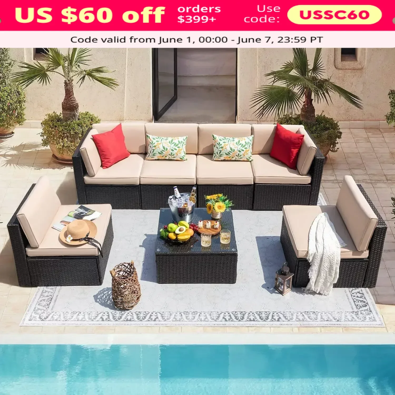 

Уличные садовые диваны, плетеные наборы мебели ручной работы из ротанга, с подушкой, бежевые садовые диваны