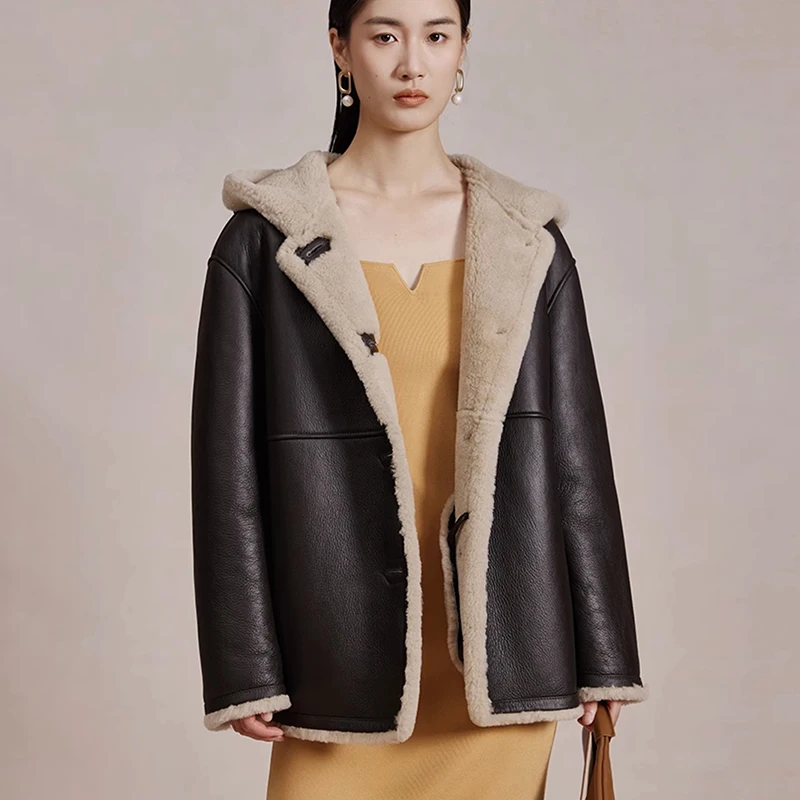 

Luxury Merino Sheep Fur Hooded Winter Jacket Women 2024 New High-end Genuine Leather Real Fur Hooded Lambwool Coats