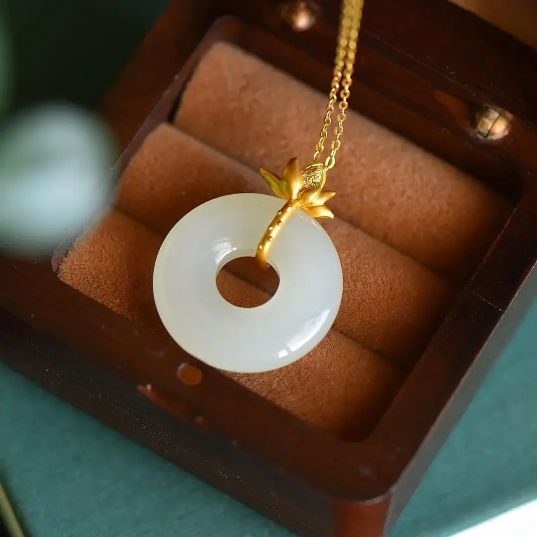Independent design Hetian jade rings for women golden lotus necklace pendant ladies jewelry