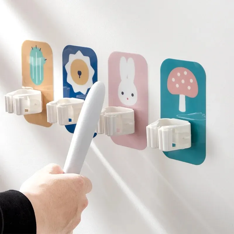 Non Punching Cartoon Mop Clamp Strong Scarless Wall Hang Multipurpose Load Bearing Clips Kitchen Broom Umbrella Holding Ra 4pc mop clip mop & broom holder