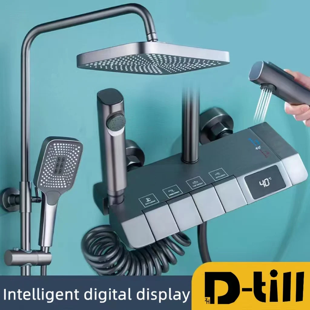 

D-till Shower Faucets Set LED Digital Display Brass Taps SPA Thermostatic System Rain Waterfall Mixer Stainless Steel Spray Grey