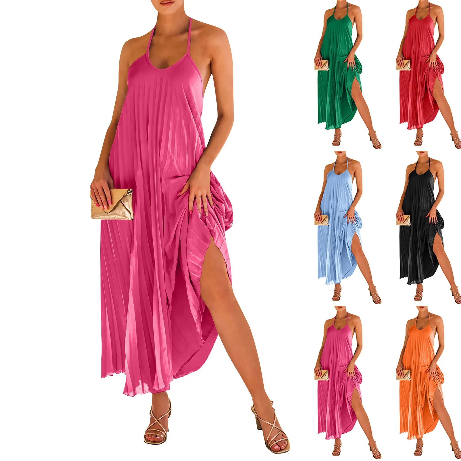 

Women'S Casual Beach Vacation Elegant Camisole Long Dresses Fashionable Women'S Solid V-Neck Pleated A-Line Party Dresses
