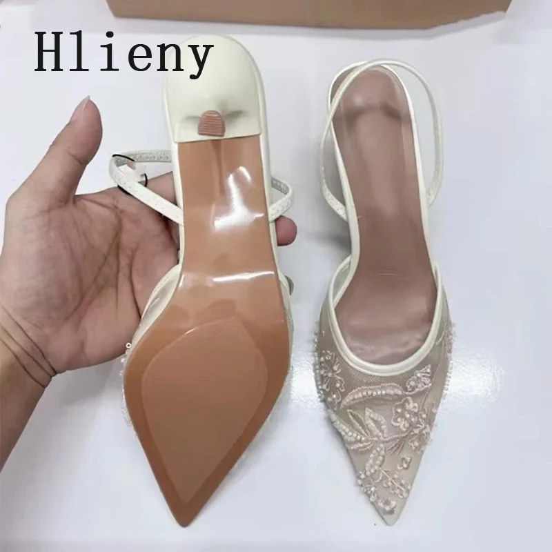 Hlieny Woman Designer Embroidery Flowers Mesh Pointed Toe White High Heels Mules Sandals Women Pumps Shoes Sexy Stilettos Mujer 4