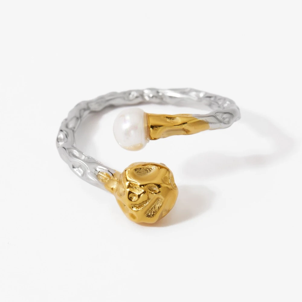 Creative Lava Textured Opening Pearl Rings Designer Style 18K Gold Plated Waterproof Statement Ring Gold&silver Double Color New