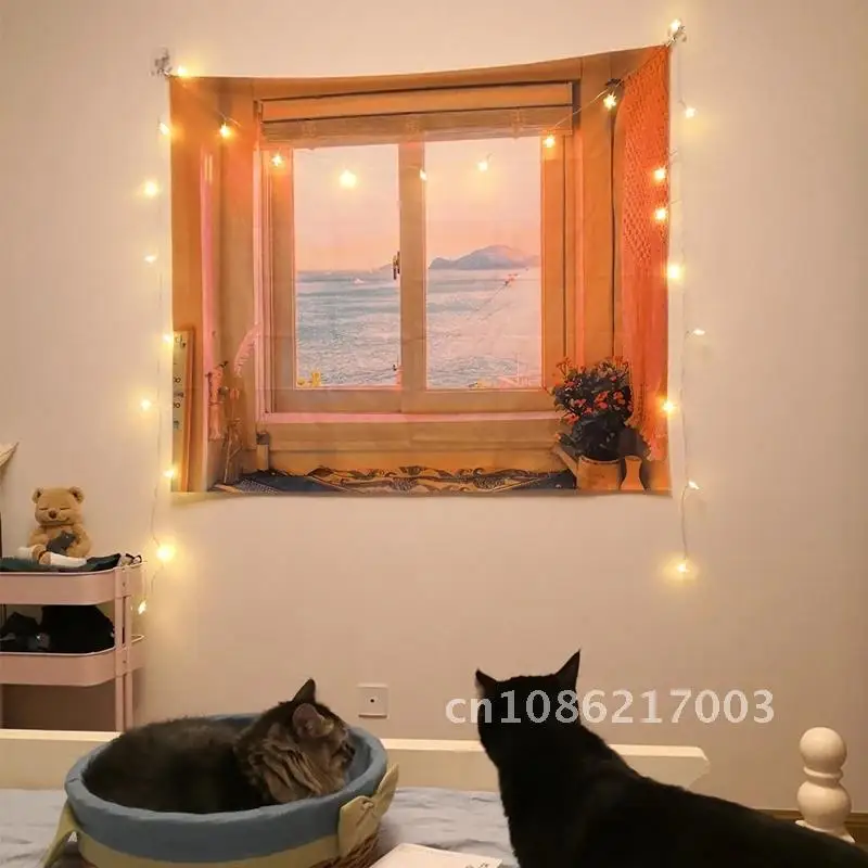 

Sunrise Sunset Views 3D Window Scenery Tapestry Wall Hanging Cloth Bedroom Dormitory Background Decor tapiz pared