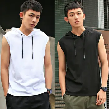 2024 Summer New Men's Fashion Sportswear Gym Fitness Jogging Hooded Sleeveless T-shirt Loose Large Comfortable Top 1