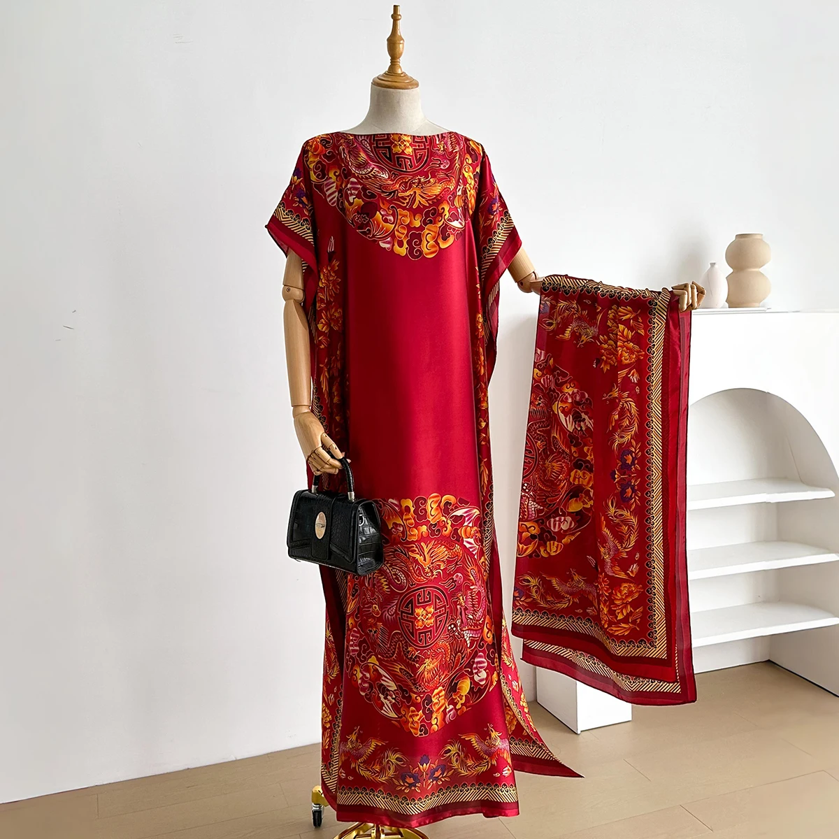 2025 NEW Fashion Summer Dress With Big Scarf Dubai Turkey Kaftan Muslim Loose Abaya Women African Casual Print Shawl Robe