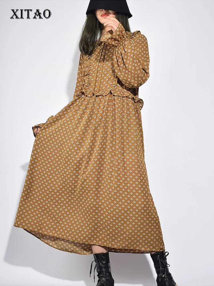 [XITAO] Europe Fashion New Women 2019 Spring O-neck Full Sleeve Casual Dress Female Ruffles Print Wooden Ear GWY2916 | Женская одежда