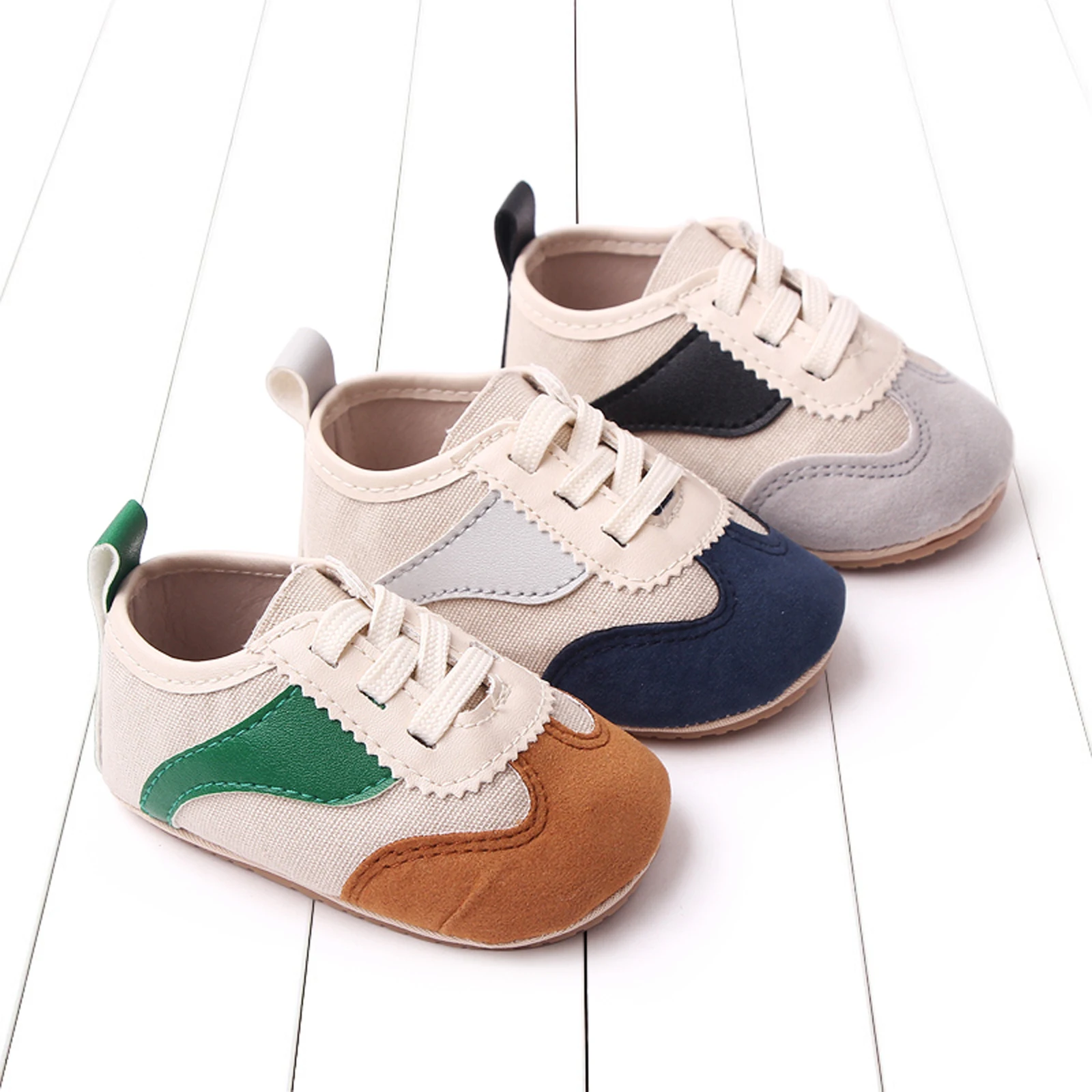 Baby Girls Boys Canvas Shoes Sneakers Rubber Sole Anti-slip First Walkers Contrast Color Tie-up Indoor Outdoor Toddler Moccasins