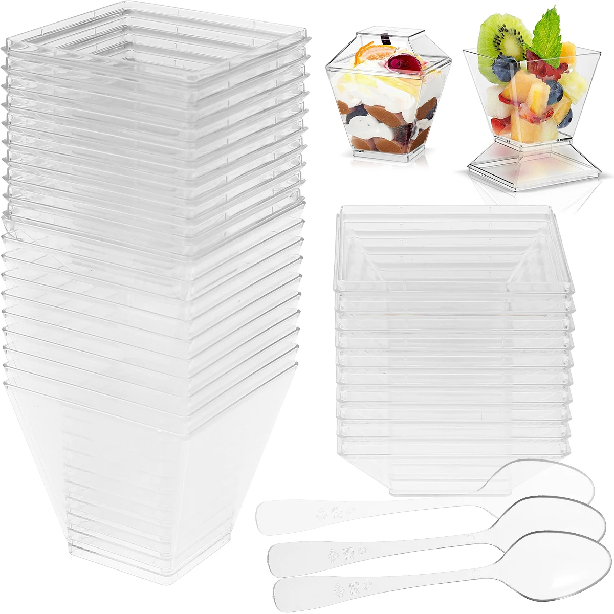 50 Tazze Da Dessert Quadrate Trasparenti 160 Ml Con Cucchiai – Riutilizzabili, Facili Da Pulire, Ideali Per Mousse E Gelati