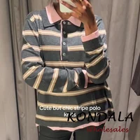 KONDALA Fashion Vintage 2026 Spring Striped Polo Women Knit Shirt Casual Loose Buttons Long Sleeve Streetwear Female Chic Tops - Image 2