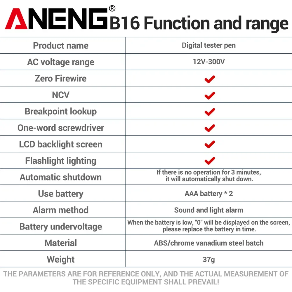 ANENG B16 스마트 전문 유도식 전압 테스터 펜 AC 12-300V 테스터 NCV 센서 전선 감지기 브레이크포인트 찾기 도구