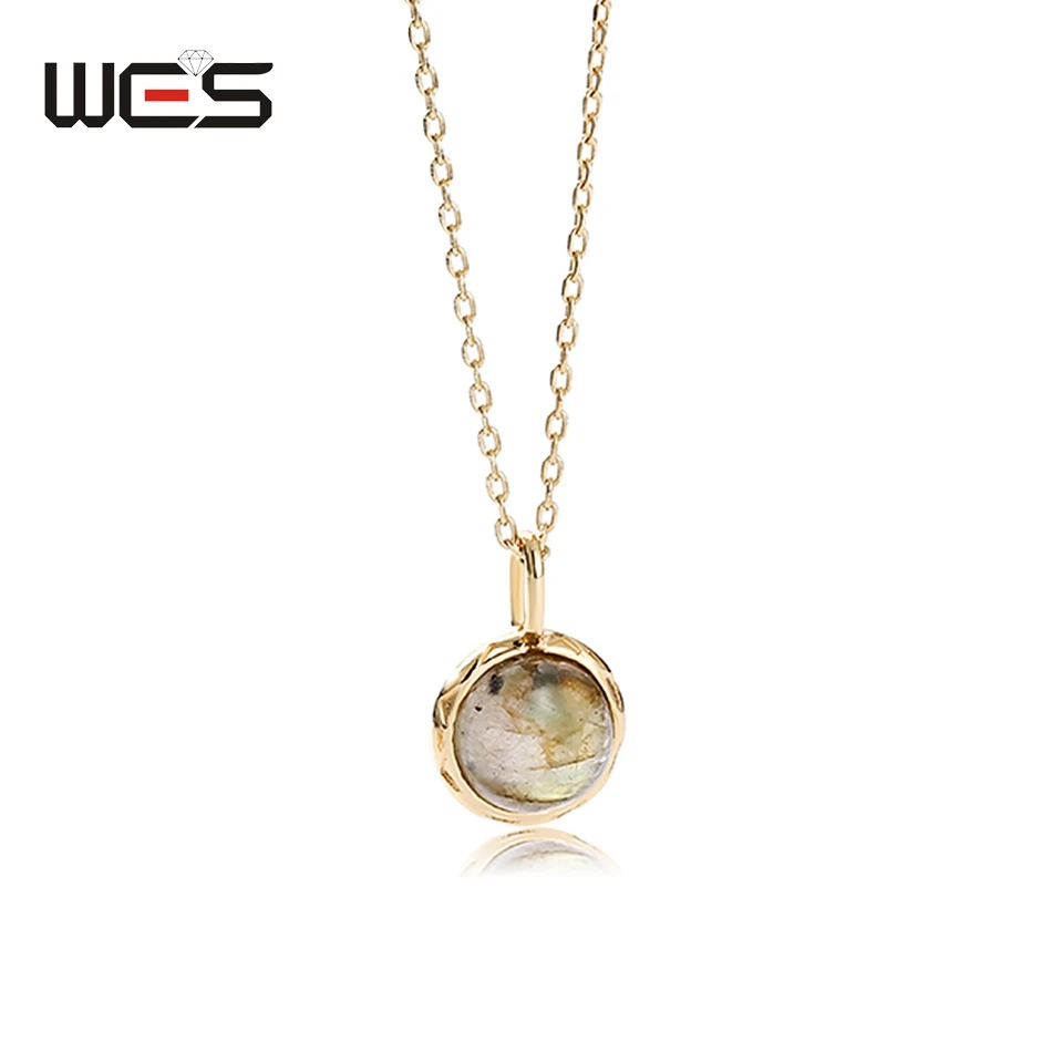 WES 925 Sterling Silver Single Stone Labradorite Pendant Necklace for Women Gold Plated Fine Jewelry Engagement Band