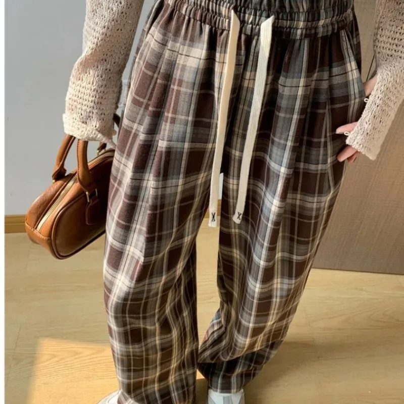 Women's Spring Summer Striped Solid Plaid Elastic Pocket High Waisted Loose Casual Sports Wide Leg Trousers Office Lady Pants