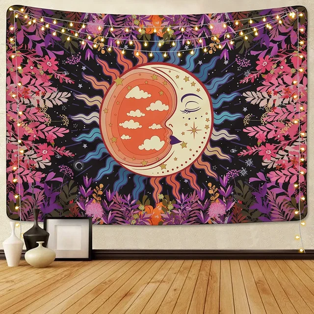 Belle tapisserie de décoration intérieure, fleurs de mandala psychédélique, soleil et lune, mur de la maison 2