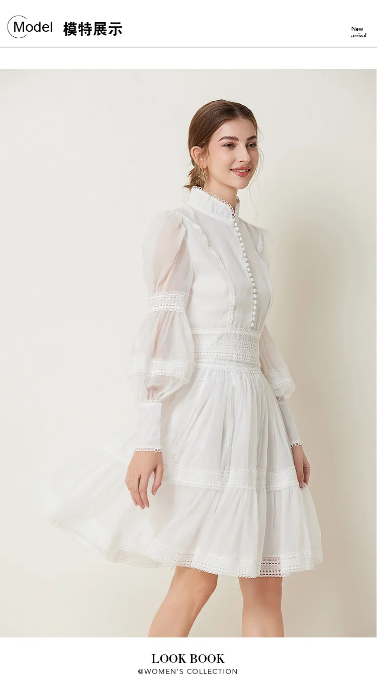 2024 French Elegant Lace Splicing Waist Lantern Sleeve Dress Vintage High Collar Princess Dress Organza Cocktail Women's Wear