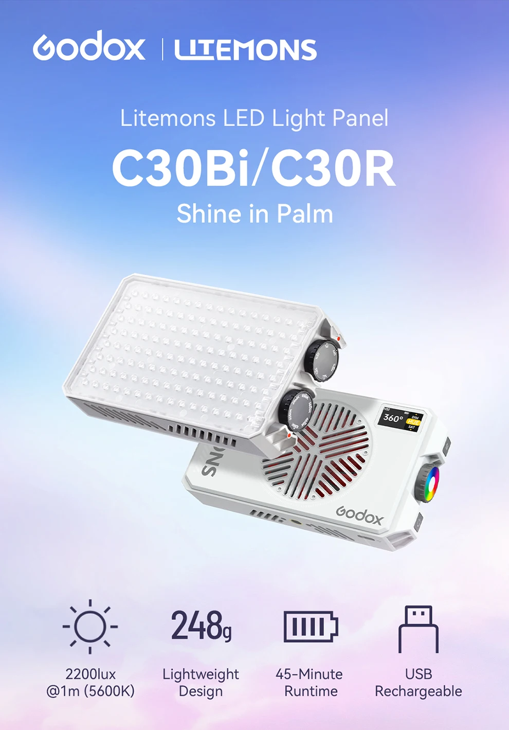 C30Bi C30R Litemons LED Light Panel Lightweight CRI94+ TLCI96+ 2800K-6500K Pocke