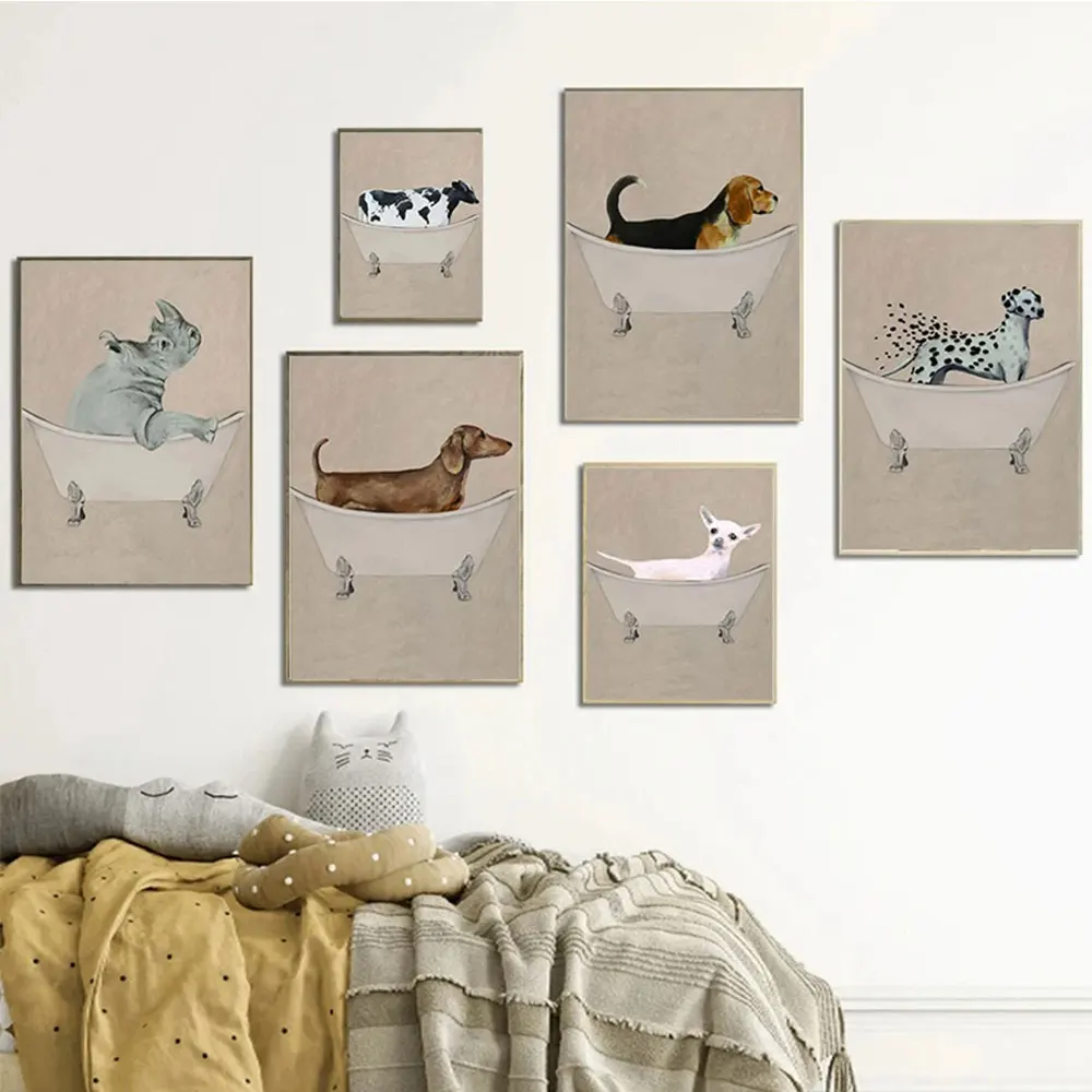 

Funny Animal Bathtub Large Size Poster Canvas Painting Dogs Cat Elephant Pig Zebra Cute Wall Art For Bathroom Home Room Decor