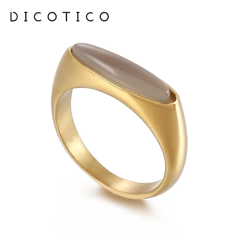 

Stainless Steel Rings For Women Gold Color Flat Long Oval Agate Stone Knuckles Wedding Bands Christmas Women Rings Jewelry Gifts
