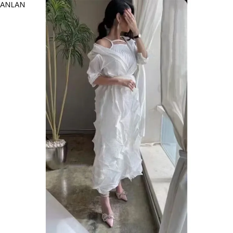 

ANLAN Pleated Outerwear Slim Maxi Clothing Solid Three-quarter Sleeve Formal Trench Coat for Women 2024 Autumn New 6KY25197