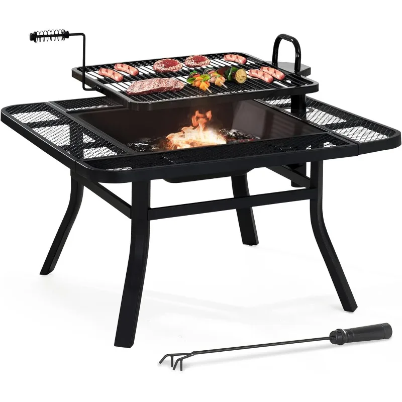 

Sunjoy 38 in. Fire Pit for Outside, Square Wood Burning Firepit Large Steel Fire Pits with Adjustable Cooking Swivel BBQ Grill