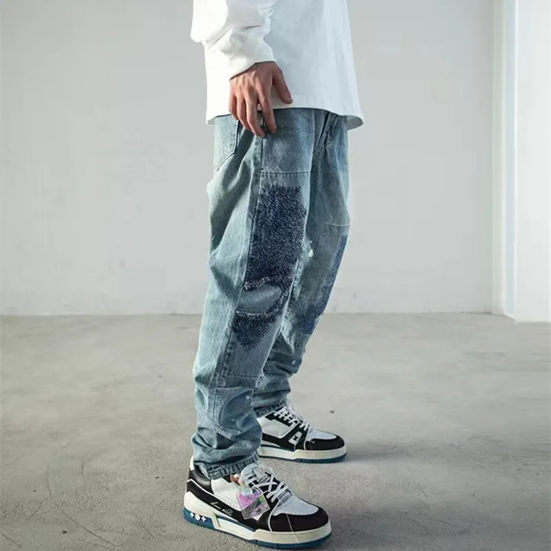 Y2K Streetwear Patch Embroidery Ripped Stacked Jeans Pants Men Clothing Straight Old Hip Hop Denim Trousers Pantalon Homme
