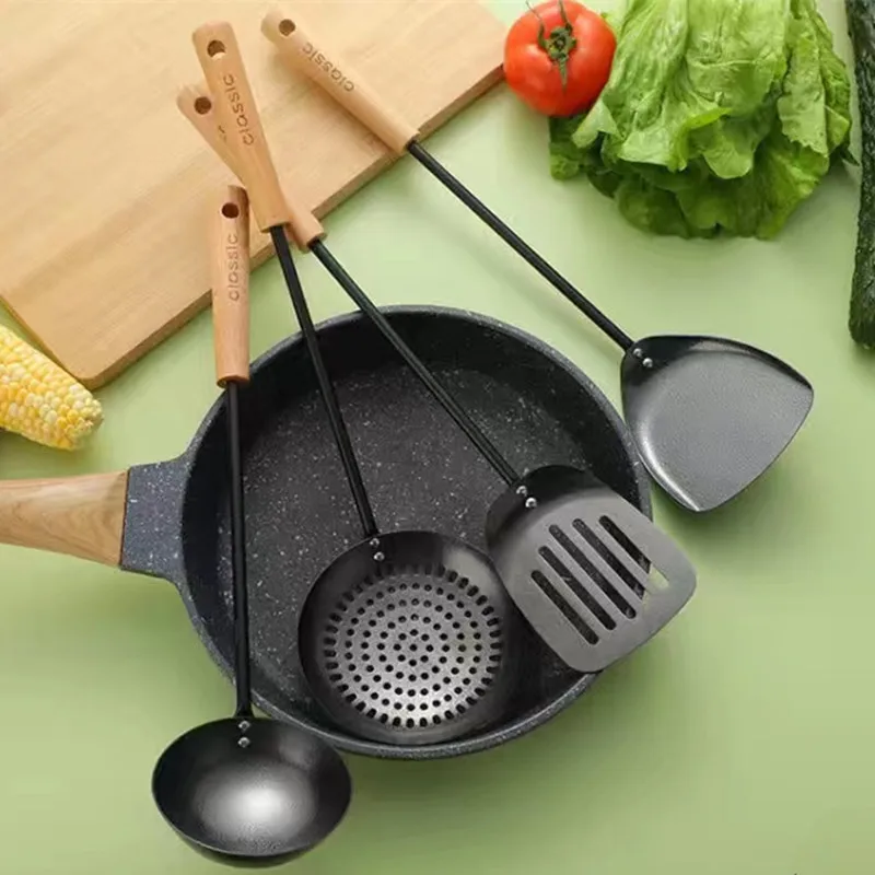 Kitchen Utensils Set Frying Spatula Wooden Handle Stainless Steel Spatula Cooking Anti Scald Stir fry Shovel Home Kitchen Supplies Utensils Colander