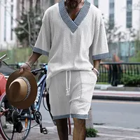 2024 New Summer Men's Set Loose Casual Sports Suit High-quality Jacquard V-neck Short-sleeved Shorts Two-piece Men's Clothing 1