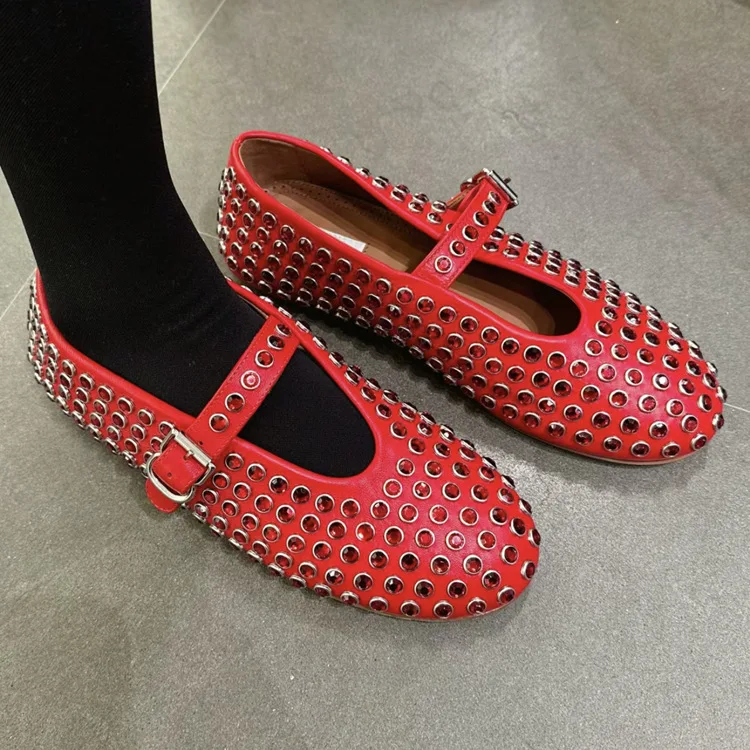 New Genuine Leather Round Head Water Diamond Rivet Mary Jane Single Shoes Women's Flat Bottom Comfortable Ballet Dance Shoes